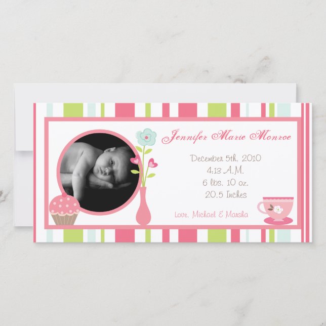 4 x 8 Tea Party Rosa Pastel Photo Birth Notice (Framsida)