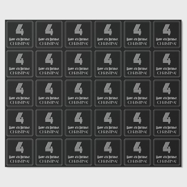 4e födelsedagen: Art Deco Inspired Titta "4" w/ Na Presentpapper (Platt)