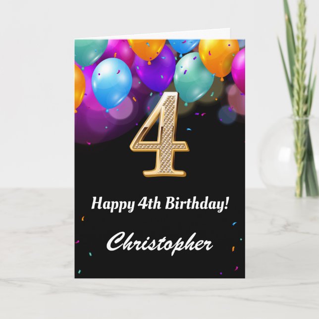 4e födelsedagen Black and Guld Colorful Ballocards Kort (Framsida)