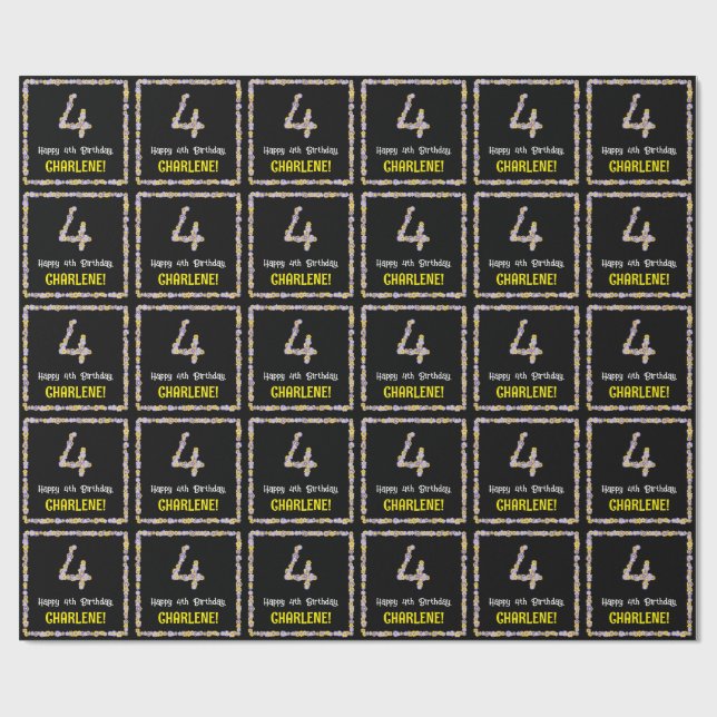 4e födelsedagen: Blommigt Flowers Number, eget nam Presentpapper (Platt)