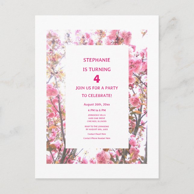 4e födelsedagen Blommigt Rosa av körsbär vid Anpas Inbjudan Vykort (Framsida)