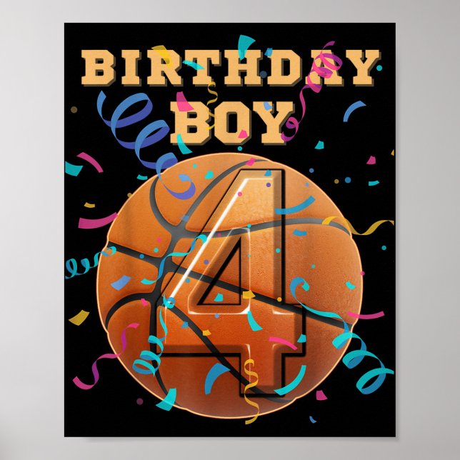 4e födelsedagen Boy Fyra fyra år gamla basketbolls Poster (Framsidan)
