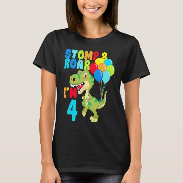 4e födelsedagen Boys Dinosaur Stomp och Roar I är  T Shirt (Framsida)