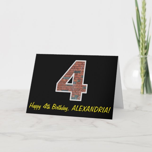 4e födelsedagen - Brick Wall Mönster "4" w/ Namn Kort (Framsida)