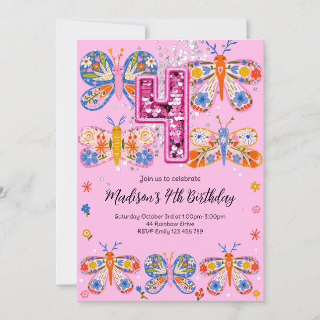 4e födelsedagen Butterfly Inbjudningar (Framsida)