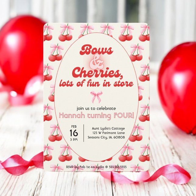4e födelsedagen Coquette Cherries Bows Bubble Brev Inbjudningar (Skapare uppladdad)