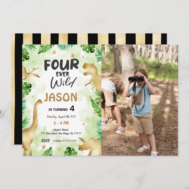 4e födelsedagen, Dinosaur Birthday Photo Inbjudningar (Fram/baksida)