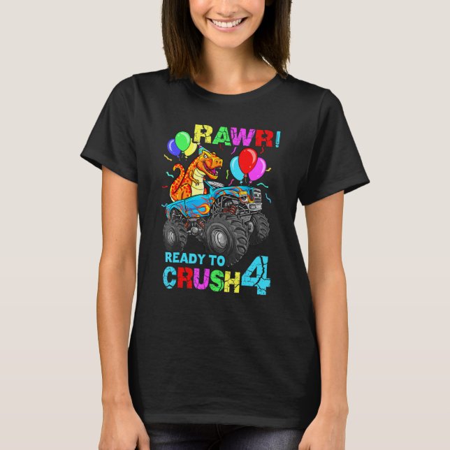 4e födelsedagen Dinosaur Monster Lastbil Rawr Fyra T Shirt (Framsida)
