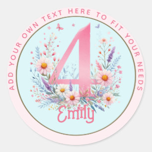 4e födelsedagen Fairy Blommigt Rosa Princess Fairy Runt Klistermärke