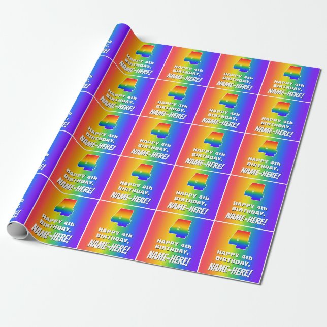4e födelsedagen: Färgfull, Roligt Rainbow Mönster  Presentpapper (Utrullad)