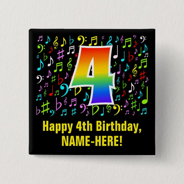 4e födelsedagen: Färgstarka musiksymboler, regnbåg Knapp (Framsida)