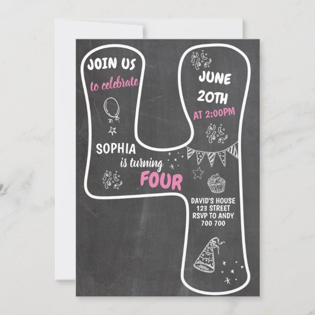 4e födelsedagen Flickans Rosa i kretskort Inbjudningar (Framsida)