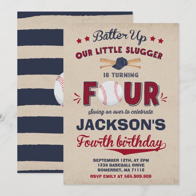 4e födelsedagen för baseball för inbjudningar (Fram/baksida)