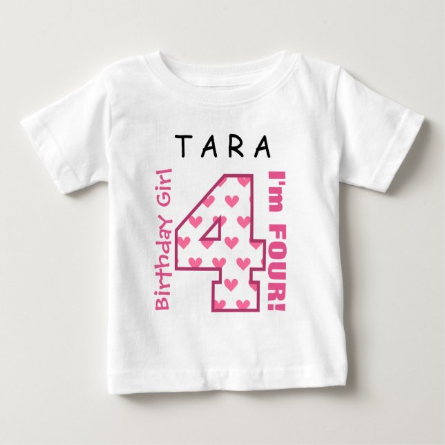 4e födelsedagen Girl Rosa Hearts V01L T Shirt (Framsida)