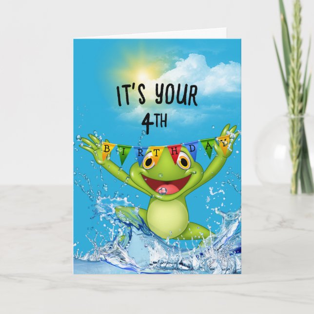 4e födelsedagen Jumping Frog i Vatten Kort (Framsida)