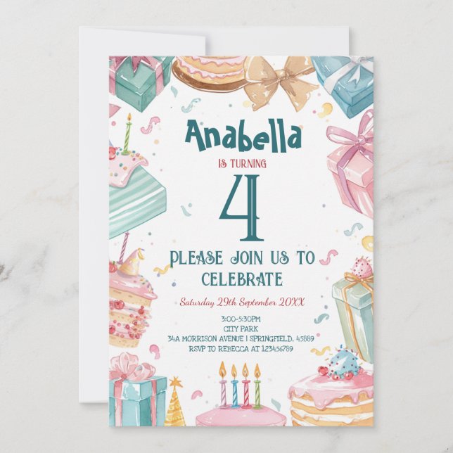 4e födelsedagen och Cakes Barns födelsedag Party Inbjudningar (Framsida)