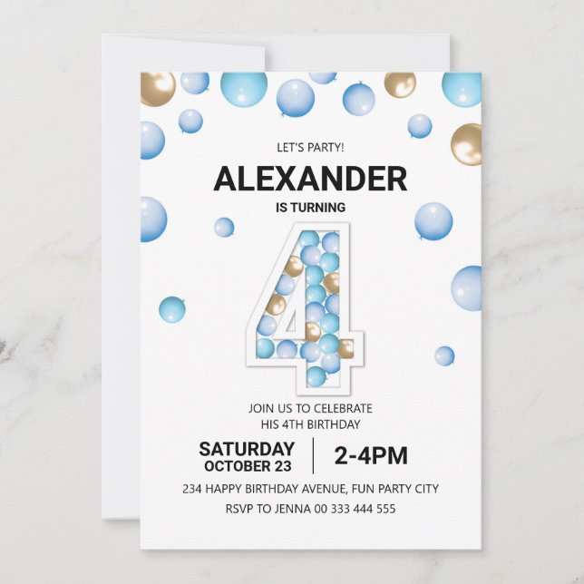 4e födelsedagen, Party, Blue och Guld Balloon Boy Inbjudningar (Framsida)