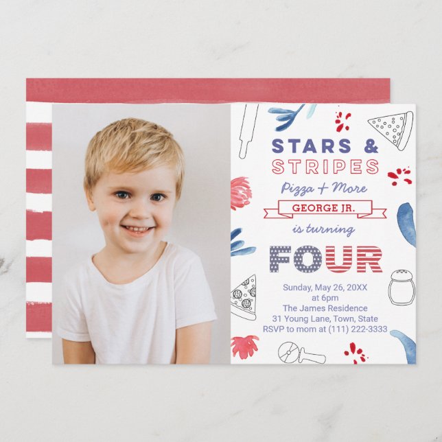 4e födelsedagen Party Stars och stripes Pizza Inbjudningar (Fram/baksida)