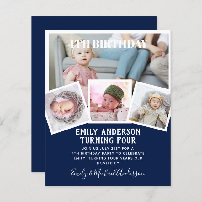 4e födelsedagen Photo Collage Inbjudan Boy Mixed (Fram/baksida)