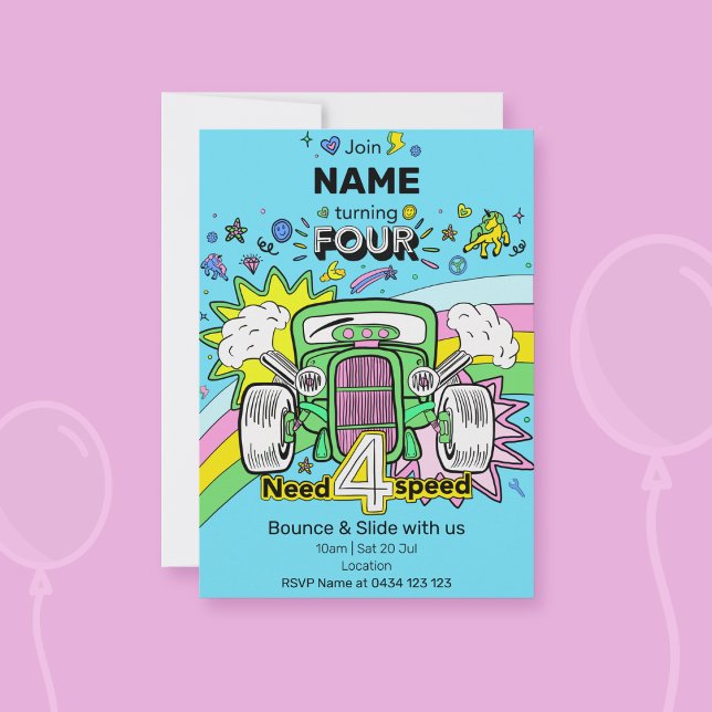 4e födelsedagen Regnbåge Hot rod behöver 4 snabbhe Inbjudningar (Skapare uppladdad)