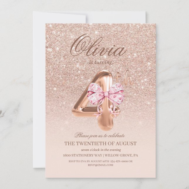 4e födelsedagen Ro Rosa Guld Bow Födelsedagsfest Inbjudningar (Framsida)