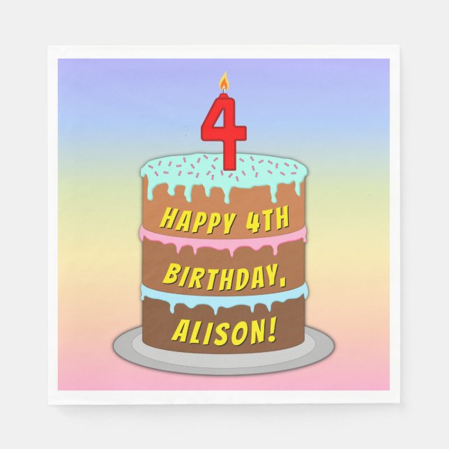 4e födelsedagen: Roligt Cake and Candle + Eget nam Pappersservett (Framsidan)