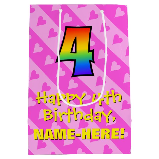 4e födelsedagen: Roligt Rosa Hearts Rand och regnb (Baksidan)