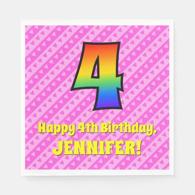 4e födelsedagen: Rosa Rand & Hearts, regnbåge nr 4 Pappersservett (Framsidan)