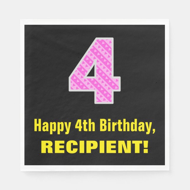 4e födelsedagen: Rosa Rand och Hearts "4" + Namn Pappersservett (Framsidan)