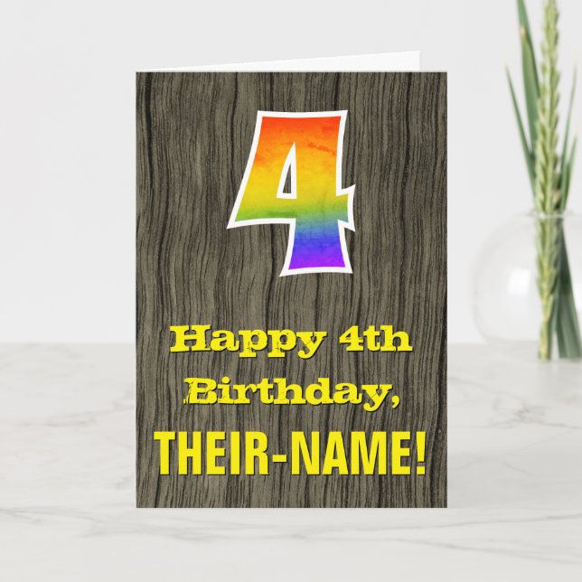 4e födelsedagen: Rustic Faux Wood look, Rainbow ’4 Kort (Framsida)