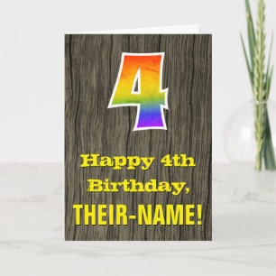4e födelsedagen: Rustic Faux Wood look, Rainbow ’4 Kort