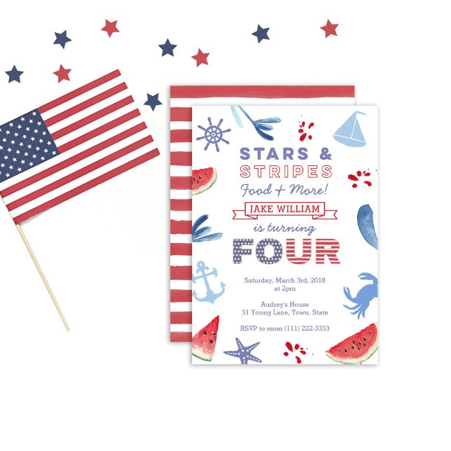 4e födelsedagen Stars och stripes Beach Party Inbjudningar (Skapare uppladdad)