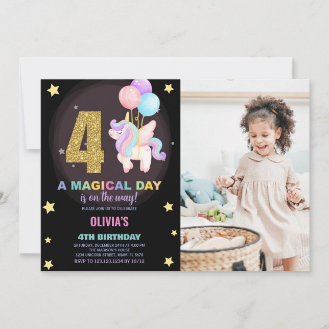 4e födelsedagen Unicorn Birthday-inbjudningar med  Inbjudningar (Framsida)