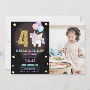 4e födelsedagen Unicorn Birthday-inbjudningar med  Inbjudningar