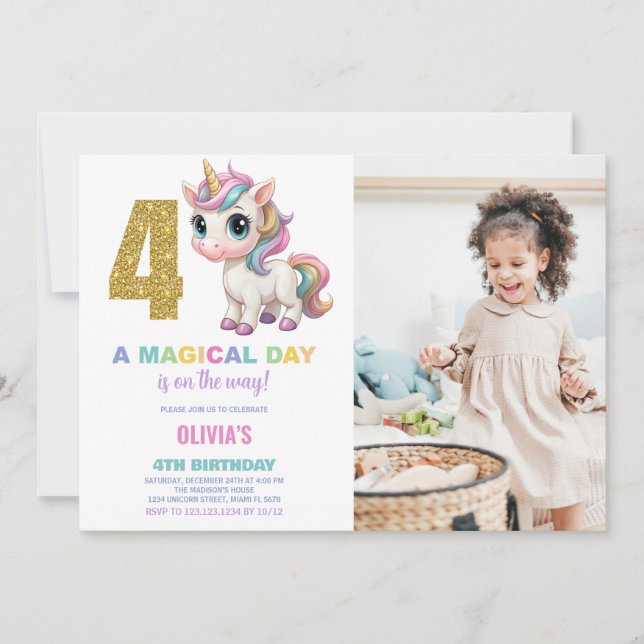 4e födelsedagen Unicorn Birthday-inbjudningar med  Inbjudningar (Framsida)