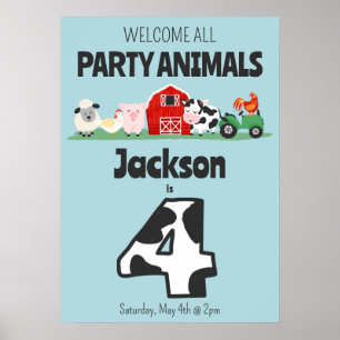 4e födelsedagen Välkommen Party Animals Farm Poster