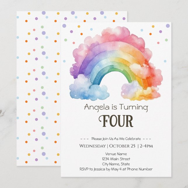 4e födelsedagen Watercolor Rainbow Kids Inbjudningar (Fram/baksida)