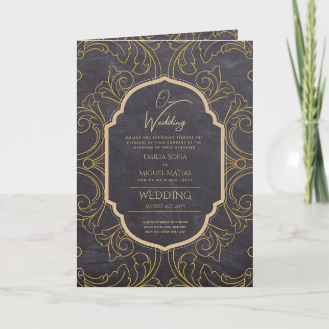 4page Guld Ornate WEDDING-program Modern Kort (Framsida)