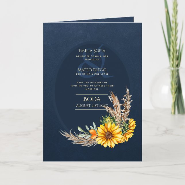 4pg Spanska BODA-inbjudningar Navy Blue Solrosor Kort (Framsida)