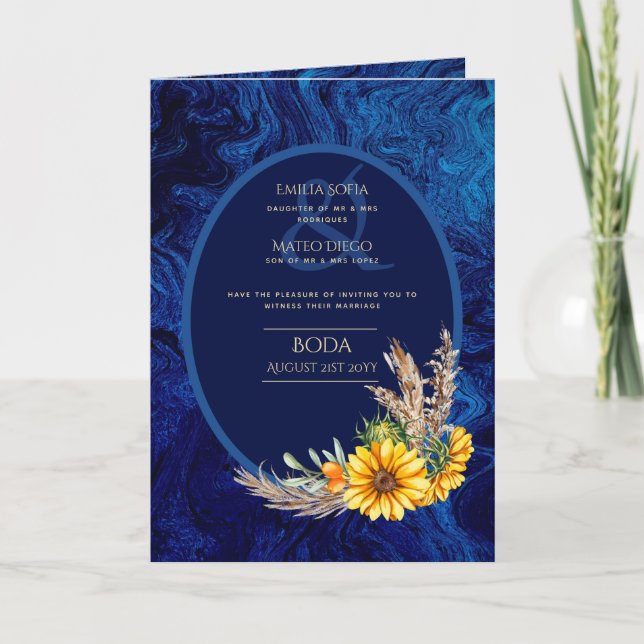 4pg spanska BODA-inbjudningar Royal Blue Solrosor Kort (Framsida)