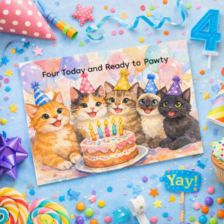 4th Birthday Card for Girls Fun Cat Party  Vykort