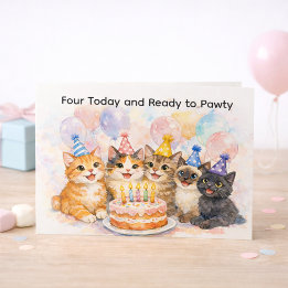 4th Birthday Card for Girls Fun Cat Party  Vykort