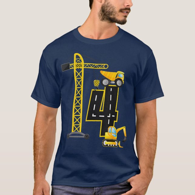 4th Birthday Construction Vehicles Diggers Crane T Shirt (Framsida)