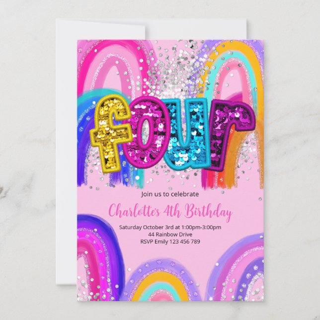 4th Birthday Sequin Rainbow Party Invitation Inbjudningar (Framsida)