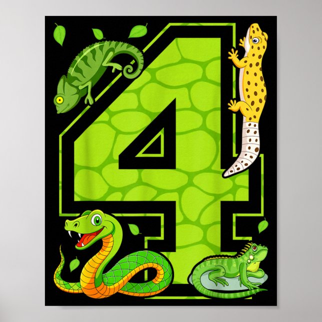 4th Birthday Snake Lizard Reptile 4 Year Old Party Poster (Framsidan)