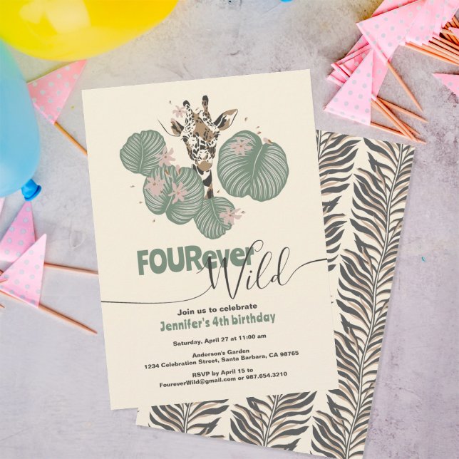 4th Birthday Tropical Giraffe Animal Party Inbjudningar (Skapare uppladdad)