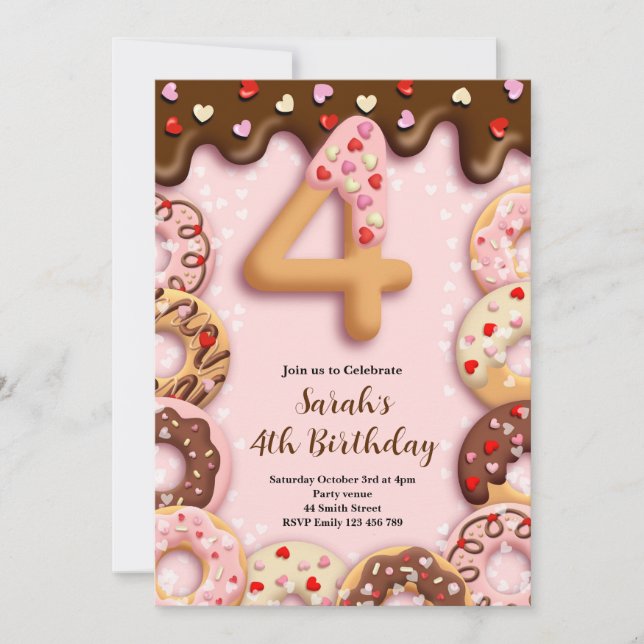 4th Donut Birthday Girls Invitation Inbjudningar (Framsida)