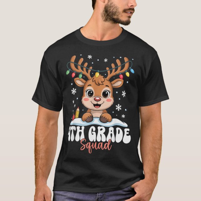 4th Grade Squad Reindeer Christmas Lights Cute Win T Shirt (Framsida)