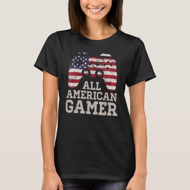4th July All American Gamer Patriot Men Boys Kids  T Shirt (Framsida)