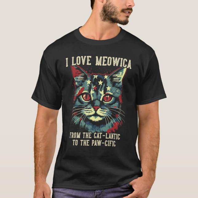4th July Cat Lover, I Love Meowica Patriotic Cat W T Shirt (Framsida)
